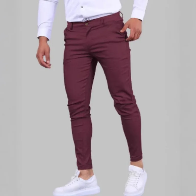 Men's Burgundy Slim Fit Chino Pants Stretch Skinny Trousers with Button Closure