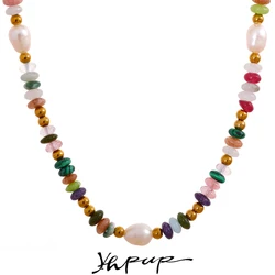 Yhpup Y2K Natural Pearl Stone Colorful Handmade Boho Necklace Women Stainless Steel Aesthetic Gold Color Fashion Jewelry