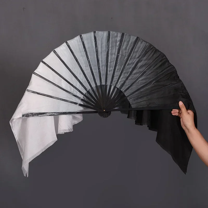 100% Silk Veil Black White Taiji Ink Fan Handmade Pairs Bamboo Rib Chinese National Dancing Props Left Right Flowy Half Moon