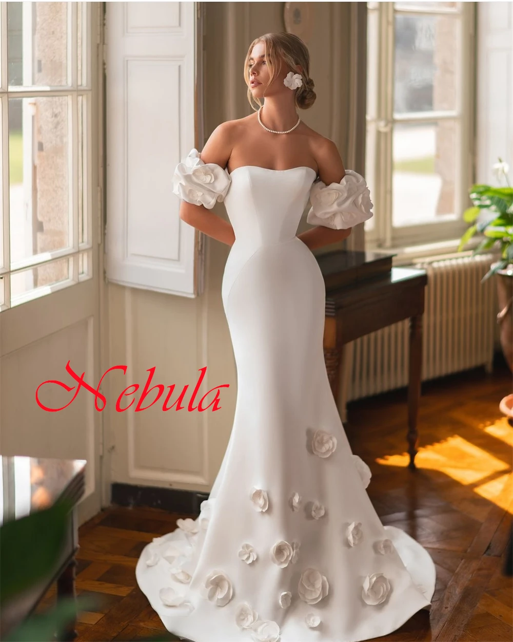 

Customized White Satin Wedding Dress Temperament Strapless Off the Shoulder Bridal Gowns Chapel Train Zipper Back Mermaid Dress