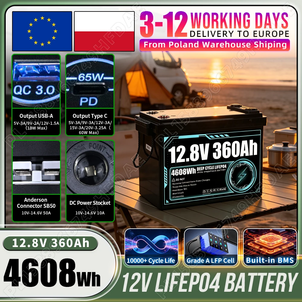 12V 360Ah LiFePO4-Batterie 10000 Tiefentladung Hochkapazität Klasse A 12,8V Wiederaufladbare Lithium-Eisenphosphat-Zellen-Packung DIY 24V 48V für Wohnmobil, Solar, Heimenergiespeichersystem, Camping,