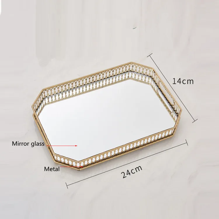 Vintage European Mirror Glass Metal Storage Tray Gold Rectangle/round Fruit Plate Desktop Small Items Jewelry Display