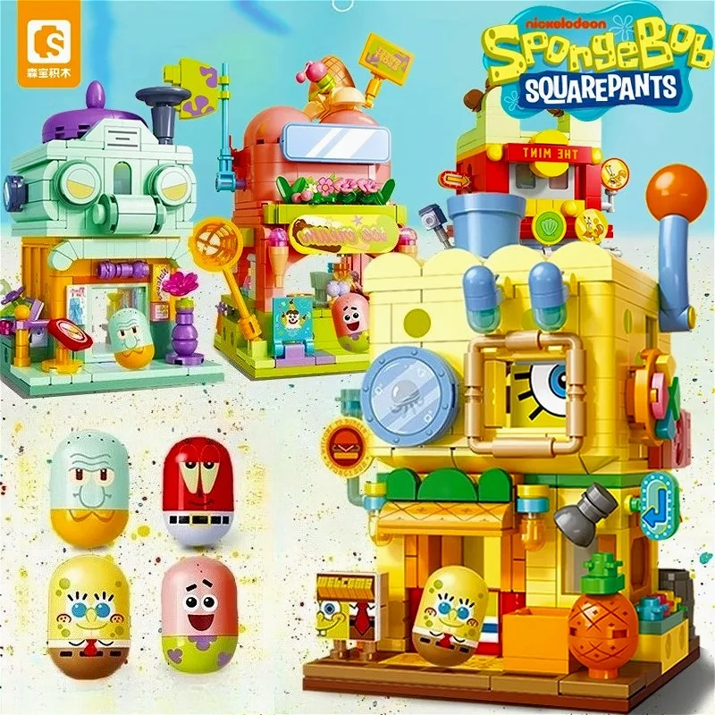 

SEMBO SpongeBob SquarePants Colorful Street View Assembly Block Toys Cartoon Burger House Assembly Puzzle Toys Children's Gift