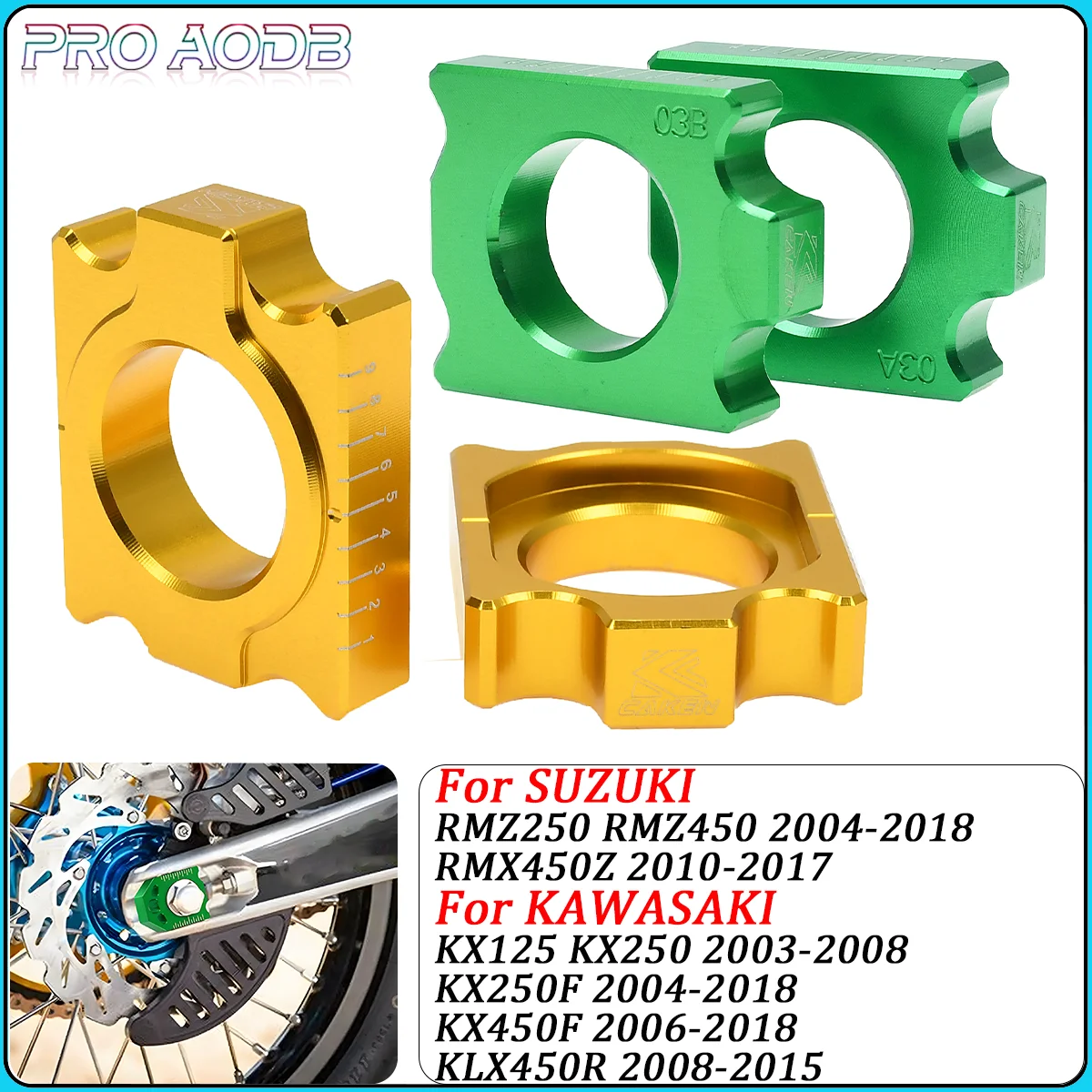 

Gold Pair Rear Chain Adjuster Axle Block CNC Motorcycle For SUZUKI RMZ 250 450 RMX 450Z Kawasaki KX 125 250 250F 450F KLX450R