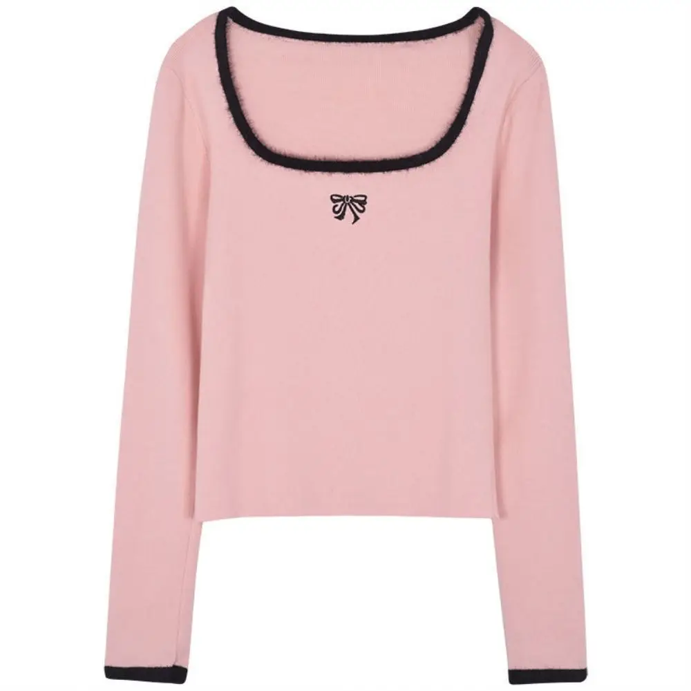 秋冬レディースニットセーターインナーウェア蝶結び刺繍無地長袖パッチワークTシャツスクエアネック