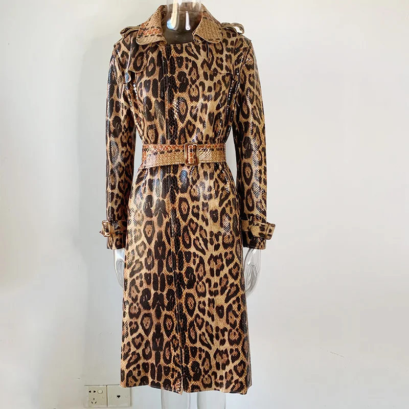 

New Luxury Designer Fall Winter Snake Pattern Printing PU Leather High Street Quality Long Straight Women Leopard Trench Coats