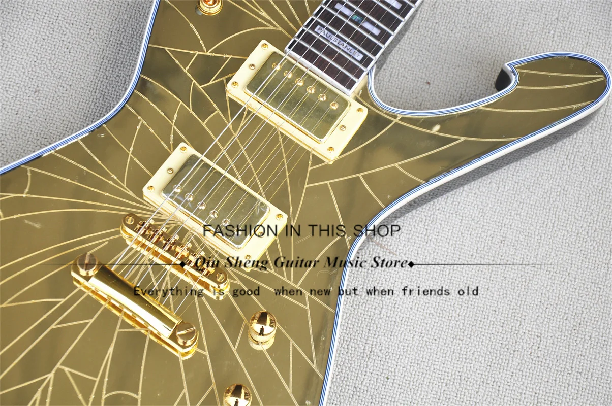 6 String Electric Guitar, Gold Mirror Body, Rosewood Fingerboard Inlay, Mahogany Headstock Set In Body, Gold Bridge