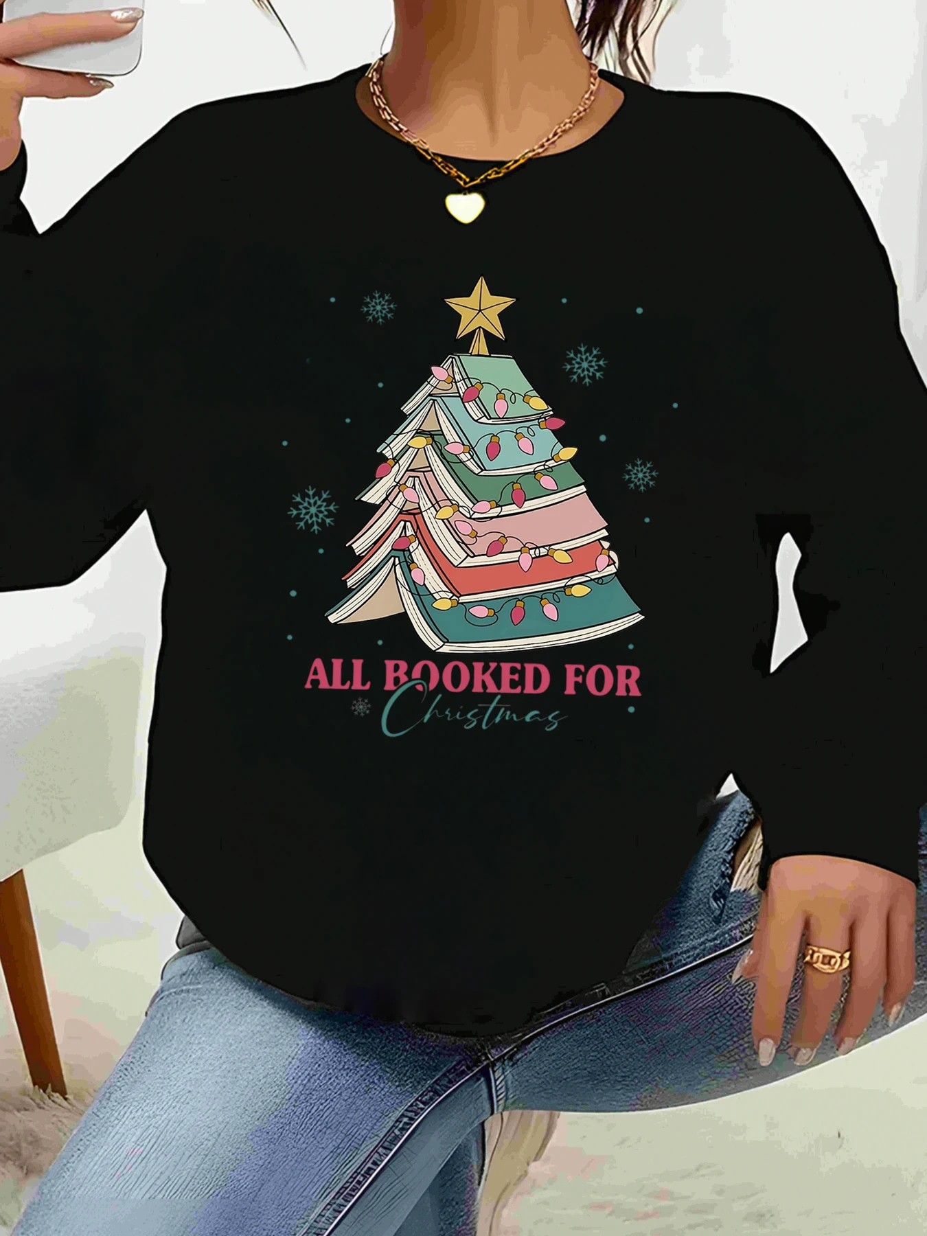 

Книжный стек, топ с длинными рукавами и принтом рождественской елки, праздничная одежда, женский повседневный свитер