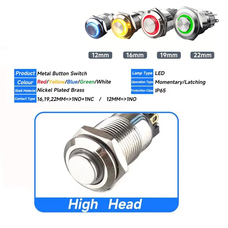 

12-24V Waterproof Copper Housing Metal Push-Button Switch 12/16/19/22mm High Round Head 5-color LED Lights Red Blue And Yellow