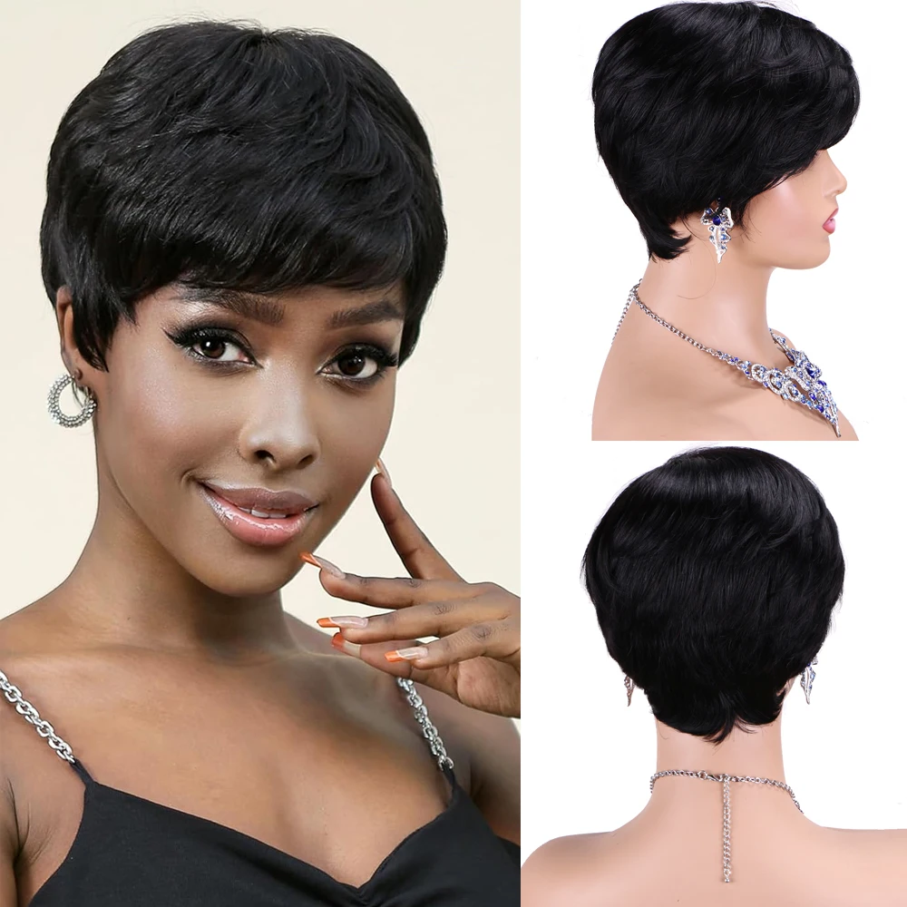 

Black Short Human Hair Pixie Cut Daily Wig for Black Women Afro Brazilian Remy Human Hair Straight Layered Machine Made Hair