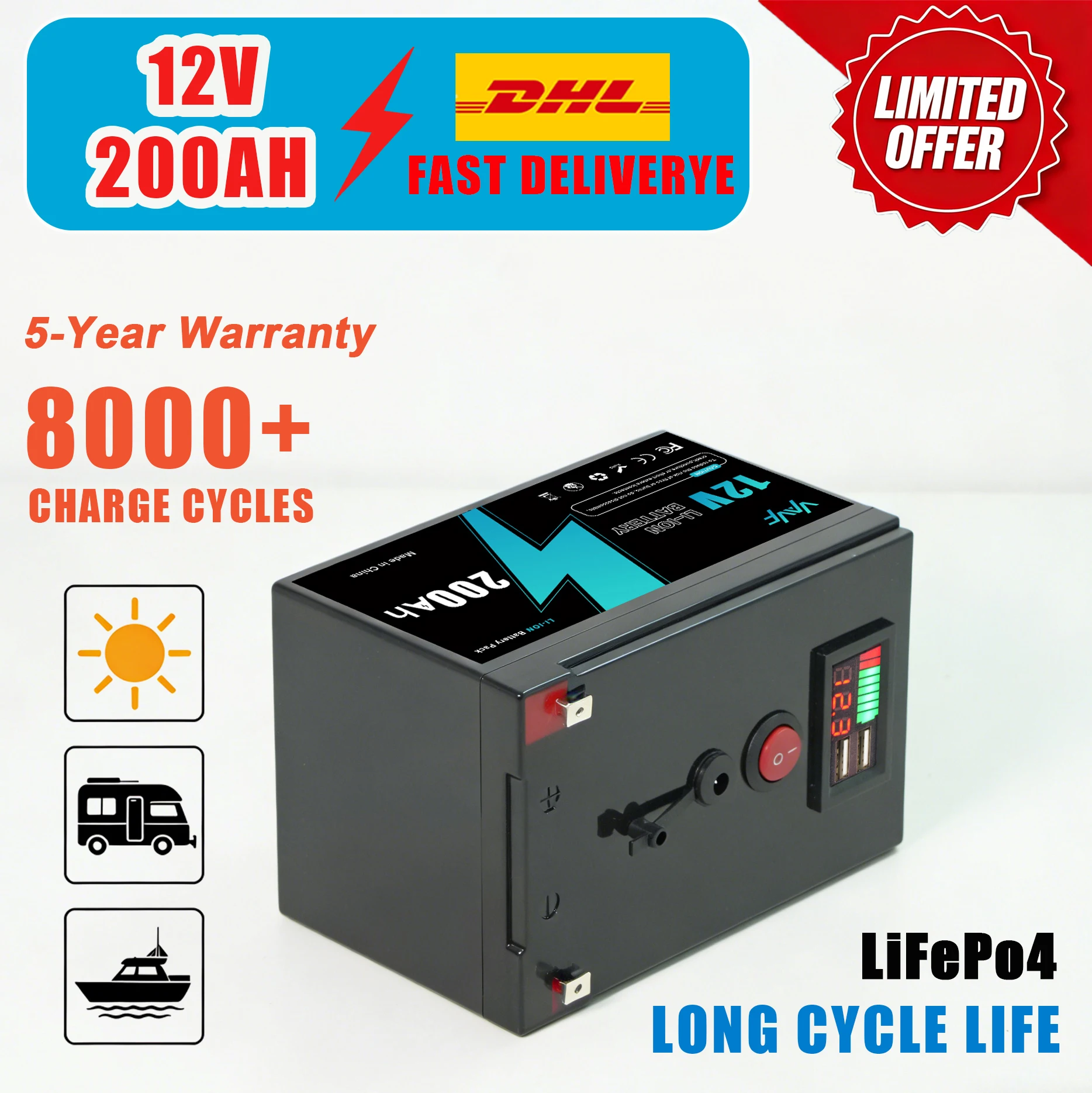 

200AH 12v Rechargeable Battery Lithium Iron Phosphate Battery with BMS for Reliable RV, Off-Grid, Marine&Solar Applications