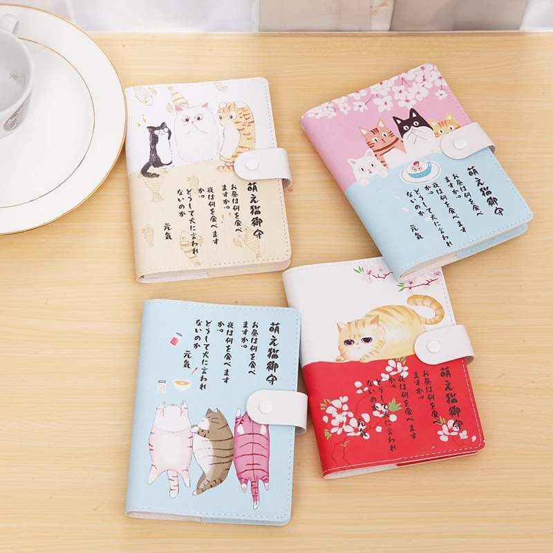 Cute Kawaii Leather A6 Cat Notebook Japanese Color Page Sketchbook Graffiti Diary Planner Student Filofax Notepad Gifts Supplies