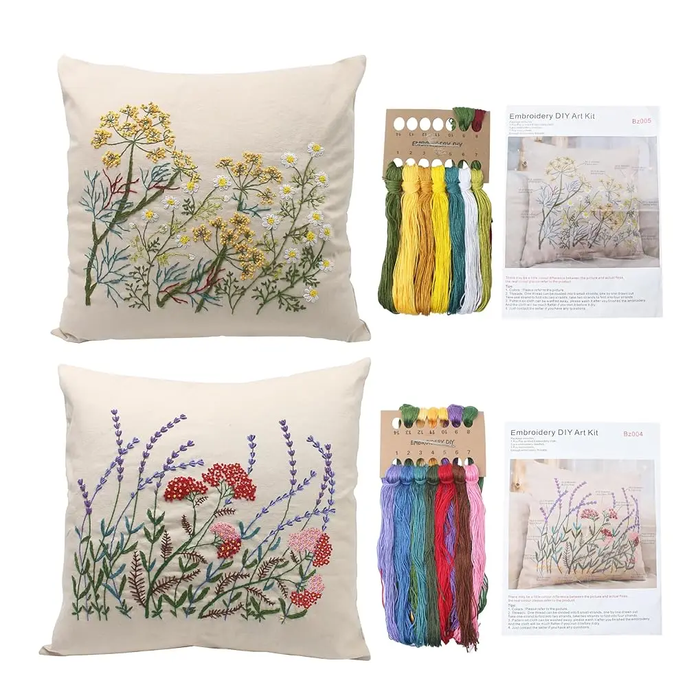 

2 Set of Embroidery Pillow Kit Including Pillowcase Cover Cushion Case with Large Drawings and Zipper, Threads, Needles & Ins
