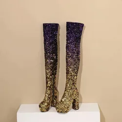 Thick Soled Sequin Knee High Women's Boots Autumn Women Over Knee Platform Boots Purple Sexy Lady Slip-on Thigh High Long Boots