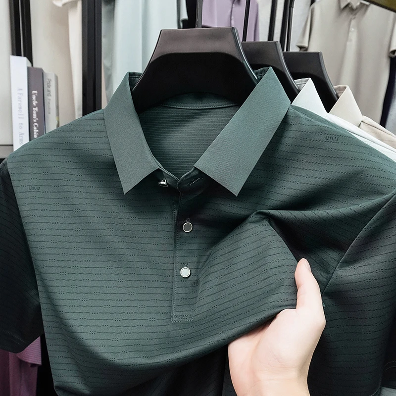 TFETTERS 2026 Summer Luxury Men T Shirt Comfort Slim Striped Pattern Smooth Ice Silk Office Non Iron Quick Dry Top Man