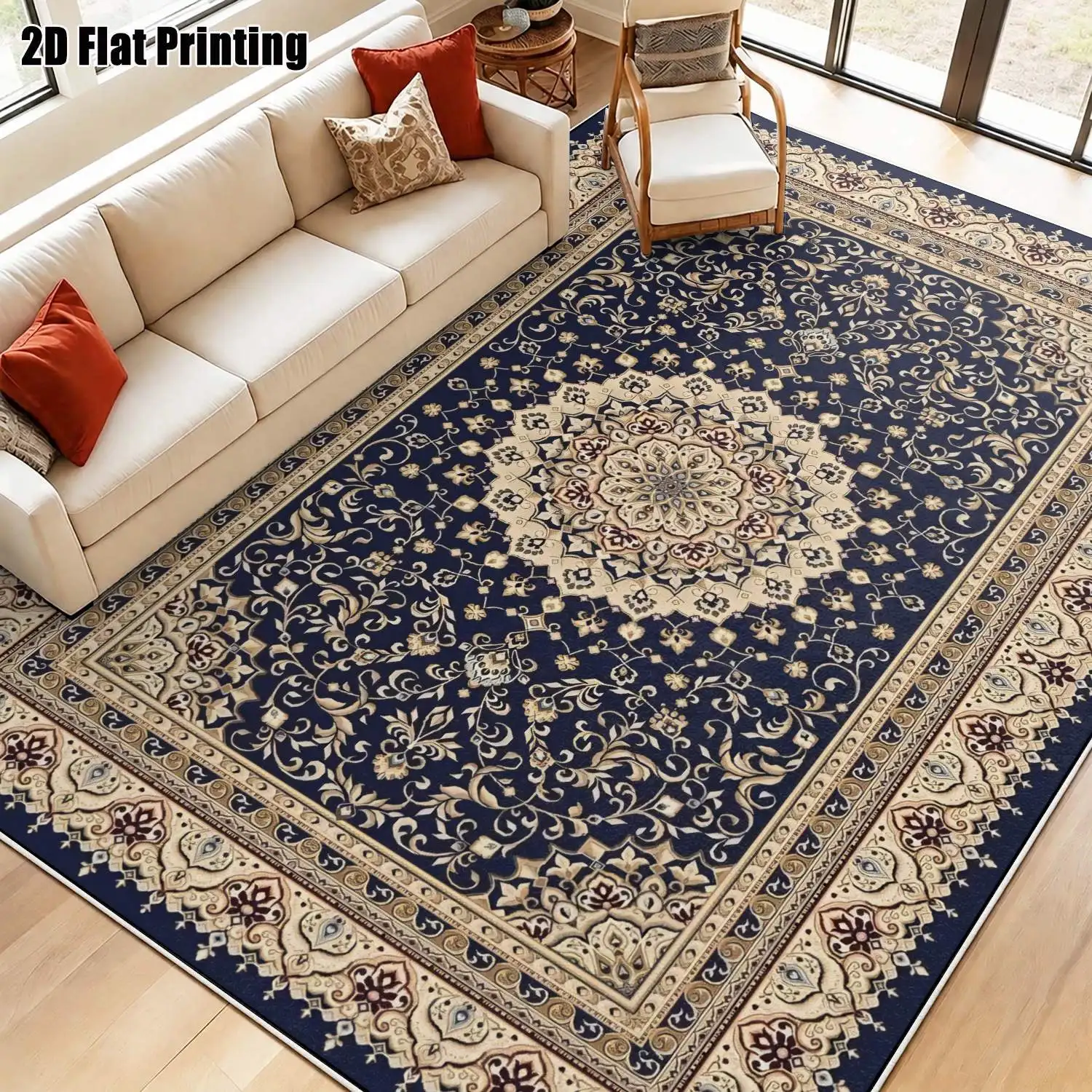1Pc 2D Printed Velvet Carpet, Dark Blue Retro Floral Geometric, Machine Washable, Multi-Size, for Home Decor & Multi-Scene Use