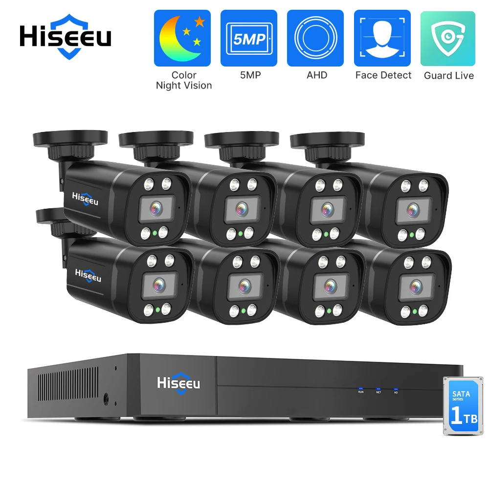 Hiseeu AHD 카메라 보안 시스템 키트, 가정용 감시 카메라, DVR 세트, 얼굴 감지, 풀 컬러 야간 투시경, 4CH, 6CH, 8CH, 5MP 