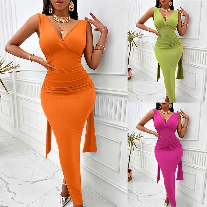 Summer Sexy Backless Dress Women' 2023 New V-Neck Solid Color Waist Wrapped Sleeveless Hip Wrap Dress Optional Sexy U-back Dress