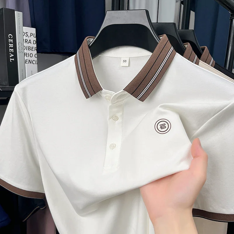

Мужская рубашка поло с брендовым дизайном, футболка с лацканами контрастного цвета, новая летняя футболка с принтом значка и коротким рукавом, элитная деловая повседневная мужская одежда