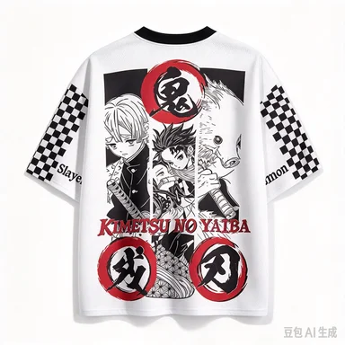 Ghost Slayer Blade Breathable Mesh Black and White Line Checkerboard Pattern Splicing Ink Comic Style Casual Loose Top