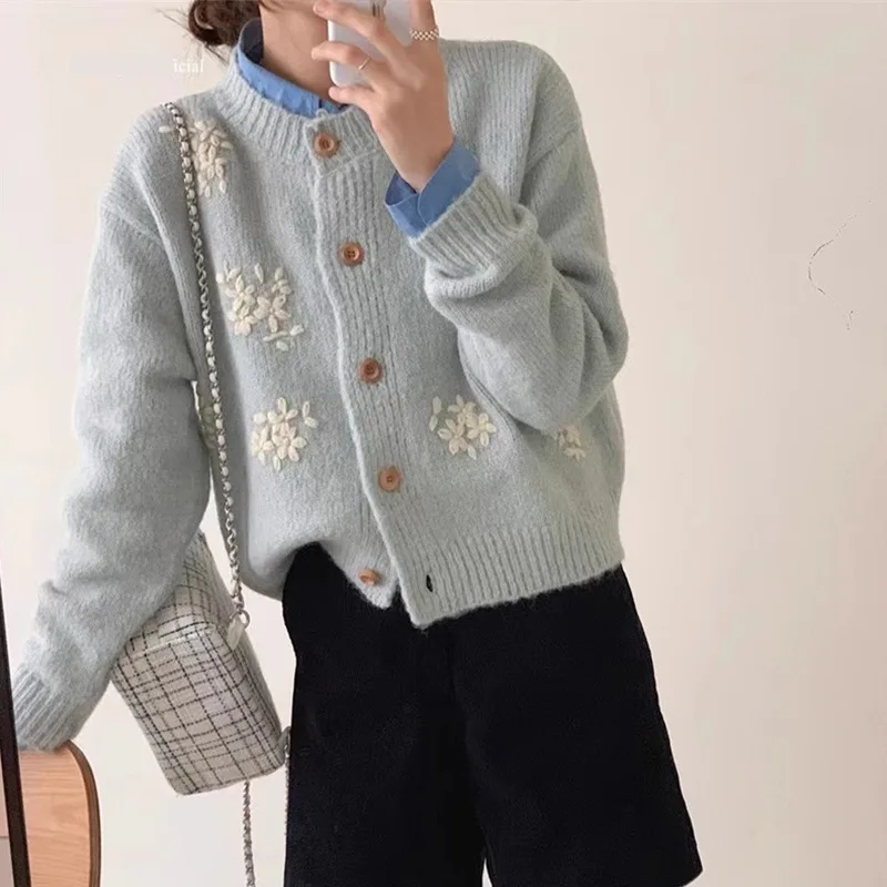 Neploe Luxury Sweet O Neck Long Sleeve Korea Pull Femme 3D Flower Knit Heavy Jacket Jumper All-match Casual New Loose Cardigan