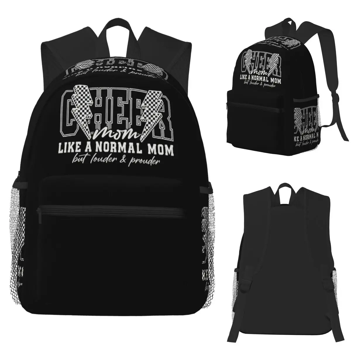 

Cheer Mom Typography With Checkered Lightning And Bold Motto Backpack School Bag Hiking Travel Daypack Bookbag Shoulder Bags