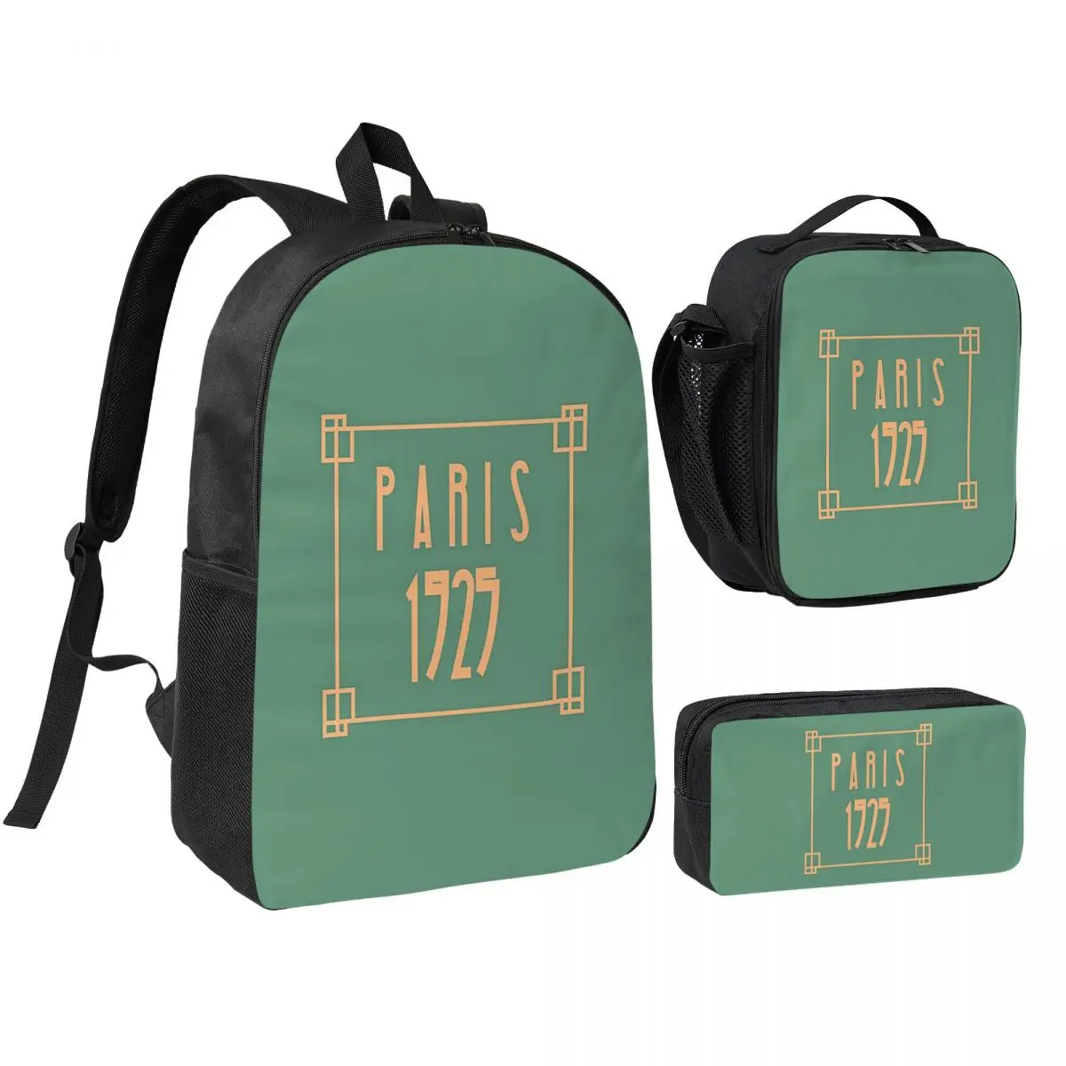 

Art Deco Design In Green Backpack Boys Girls BookBag School Bag Shoulder Bags 3ps Insulated Lunch Bag Pencil Case