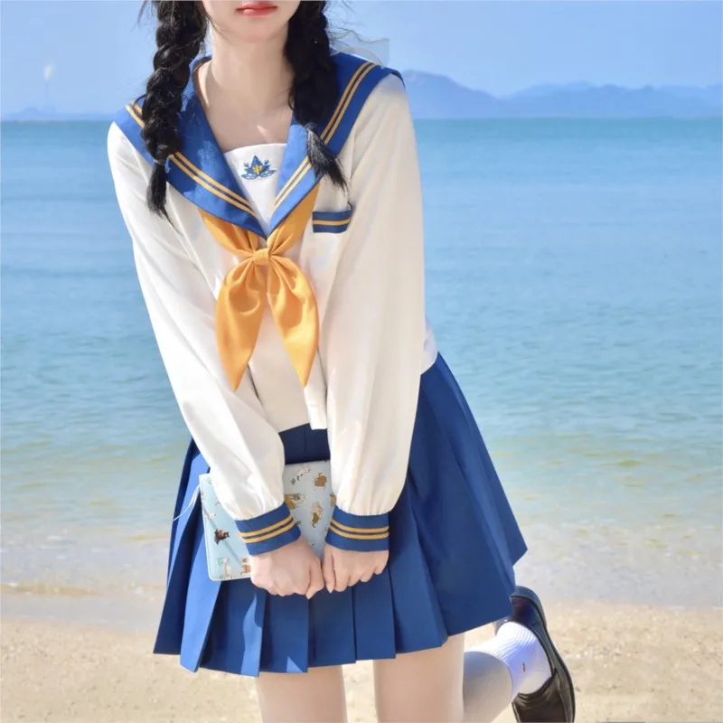 Uniforme scolaire blanc et bleu pour filles, robe d'écolières japonaises, jupe plissée haut aught, costume de cosplay, anime japonais, dame