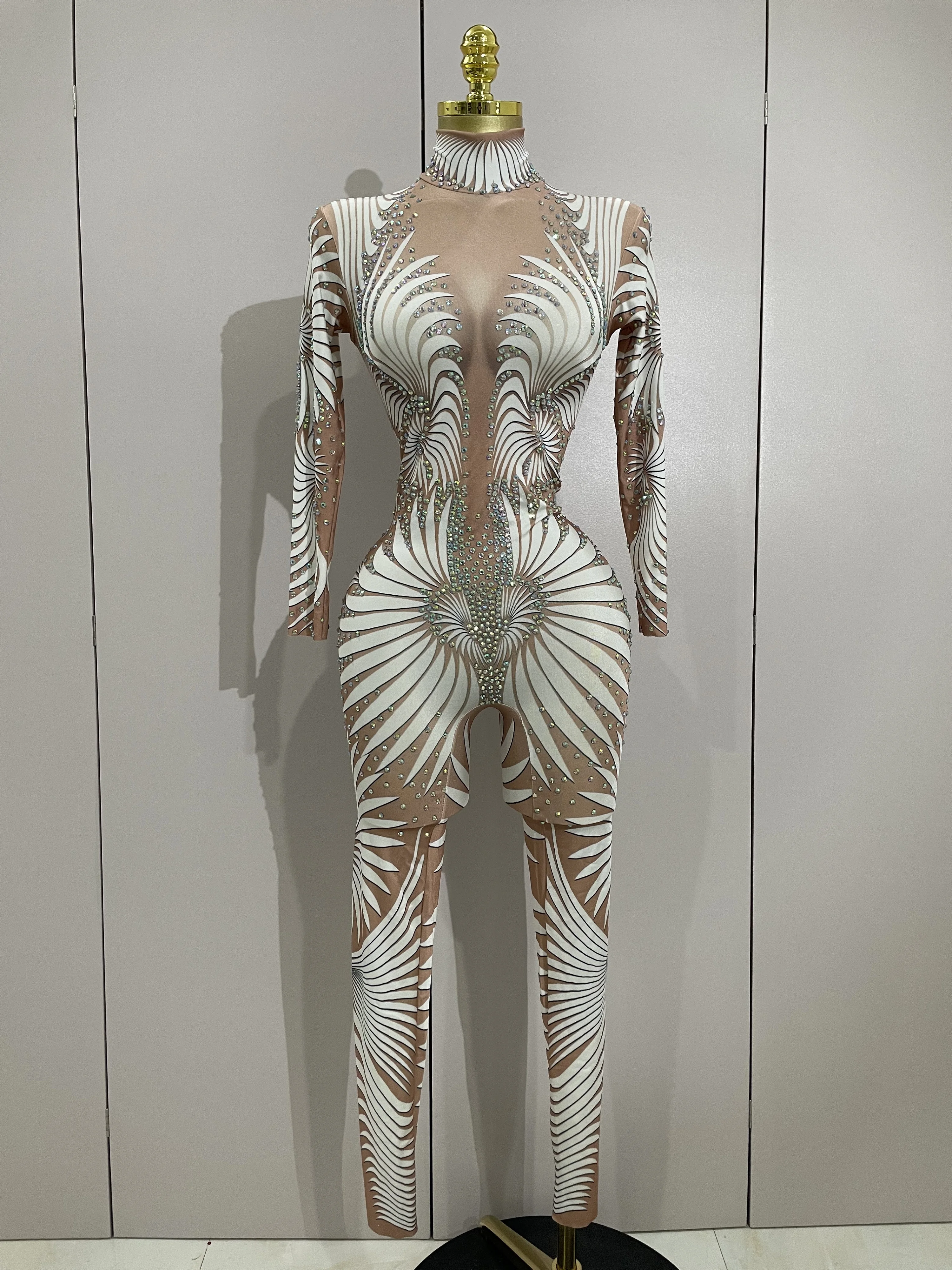 STOCK Stage Costume Sparkly Diamond Women Sexy Mesh Jumpsuit Nightclub Bar Party Show Gogo Dancer Clothing Drag Queen Outfit
