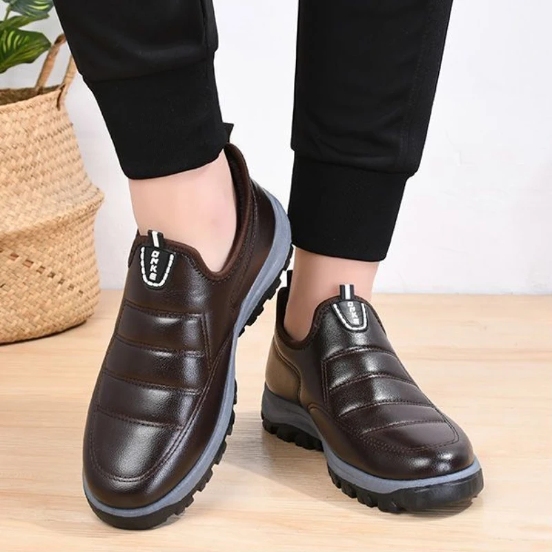 Men's Winter Cotton Shoes Leather Casual PU Warm Comfort Flat Bottom Anti Slip Wear-resistant Outdoor Plush Cotton Shoes Zapatos