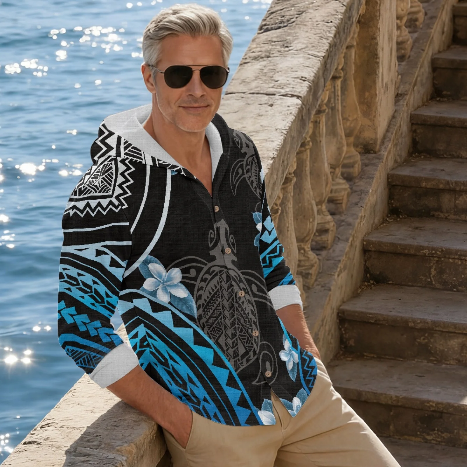 PENSTROLL Turtle Plumeria Camiseta com Capuz Tipo Linho para o Verão, Leve, Manga Longa, Casual, para Treino
