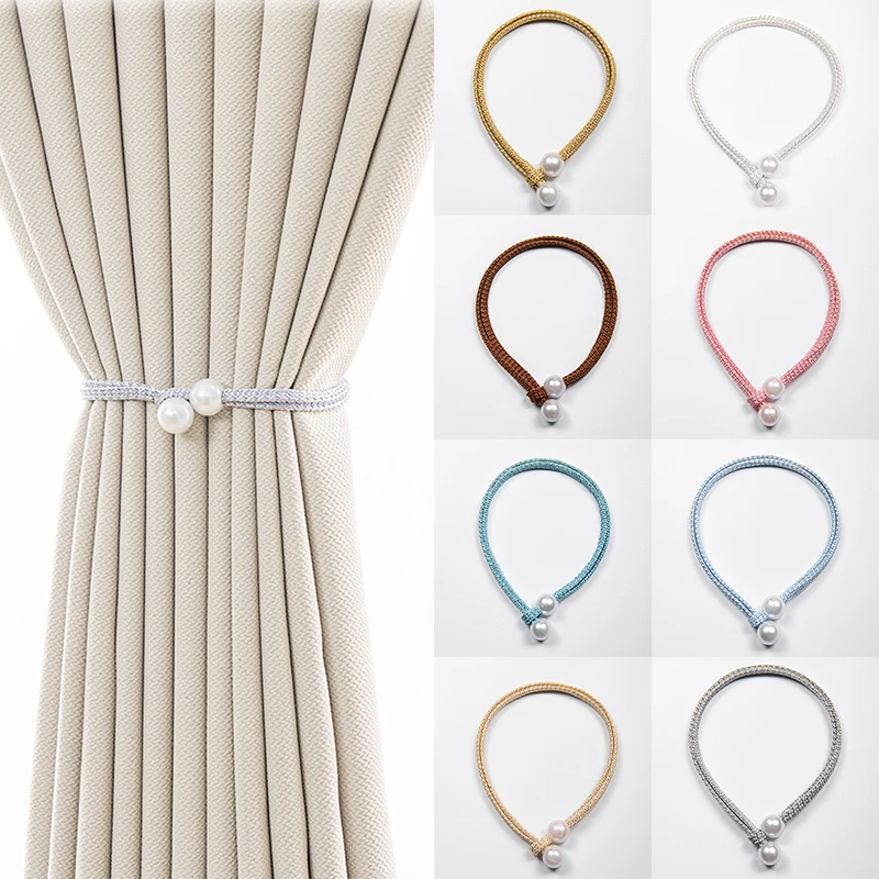 2Pcs Pearl Curtain Tiebacks Adjustable Punch-Free Tying Rope Ties Curtain Fixing Rope Buckles Home Decor Curtain Binding Strap