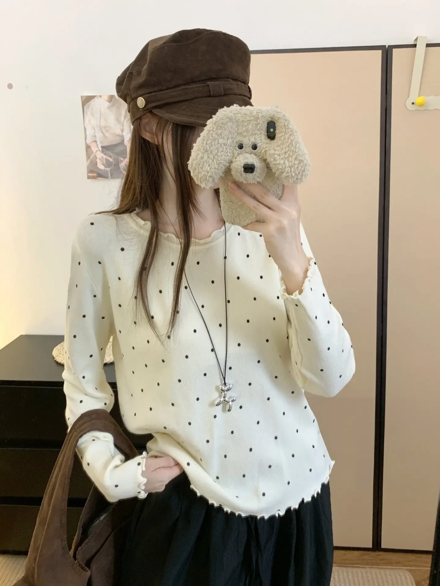 Women Y2K Shoulder Tshirt Casual Polka Dot Black Fungus Edge Slimming Knit Autumn Top