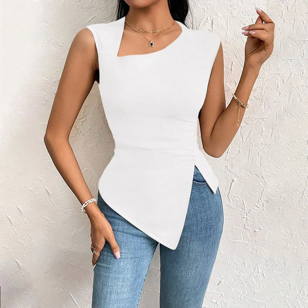 Split Slim Sleeveless T-shirt Woman Sexy Short Crop Tops Tanks Camis Summer Vintage Tee Shirts Y2K Kpop Cheap Clothes Women