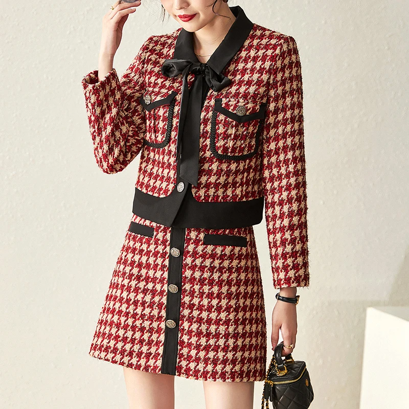 

Office Lady Tweed Skirts Sets Elegant Two Piece Sets Women's Outfits Short Suit Jacket And Mini Skirt Woman Fashion 2 Piece Sets