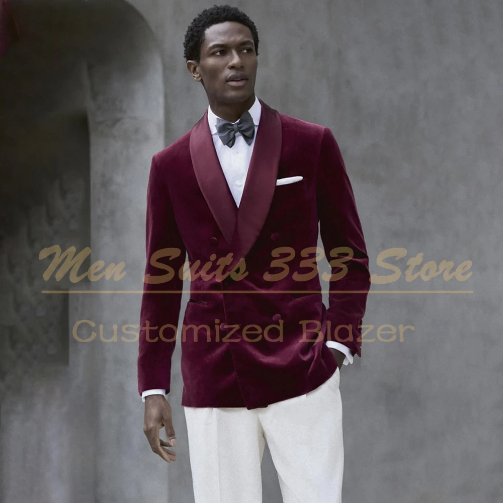 

Double Breasted Velvet Suit for Men Fashion Shawl Lapel Slim Fit Blazer High Quality Customzied 2 Piece Jacket Pants For Wedding