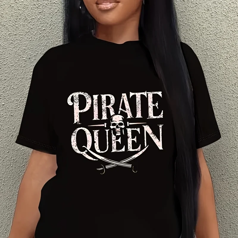 Pirate Queen with Skull Women's Plus Size T-Shirt 100% Cotton 220g