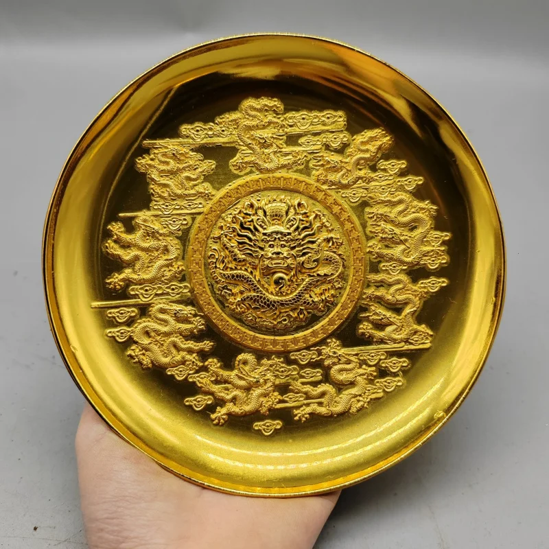 

Antique Style Large Pure Copper Nine Dragons Gold Plate Qing Dynasty Qianlong Year Craft Gold Dish Home Decor Ornament