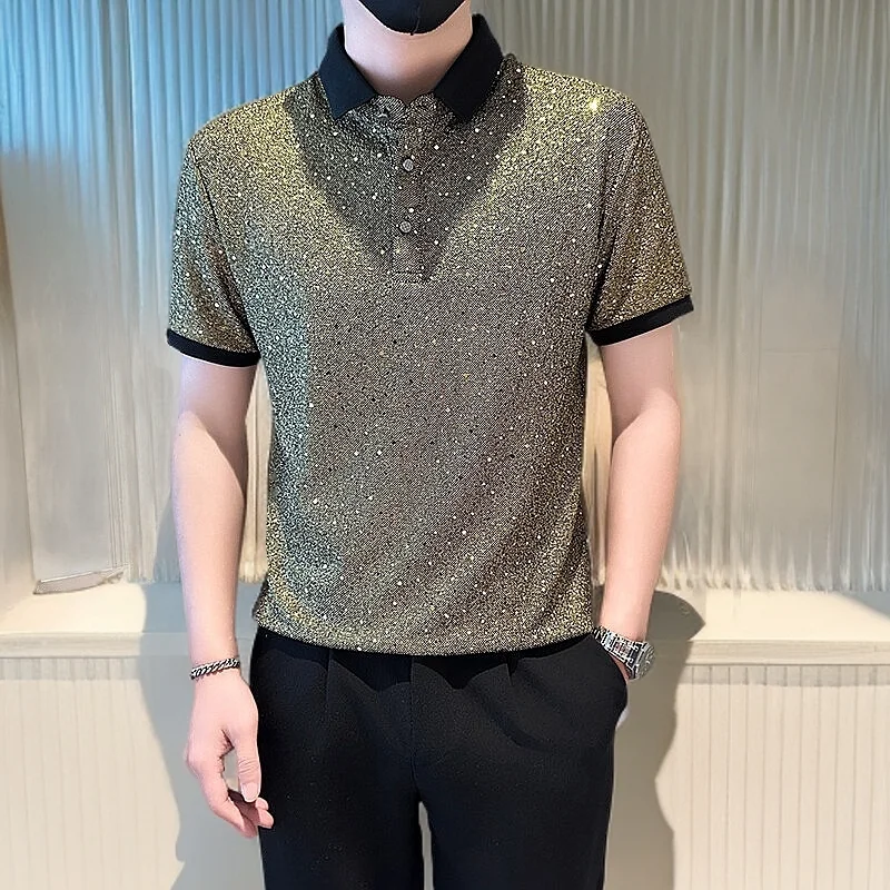 

Summer Spring Men's Sequins Polo Shirt Short Sleeved Slim Lapel Men Polos T Shirts Trendy Nightclub Stage Shiny Mens Clothing