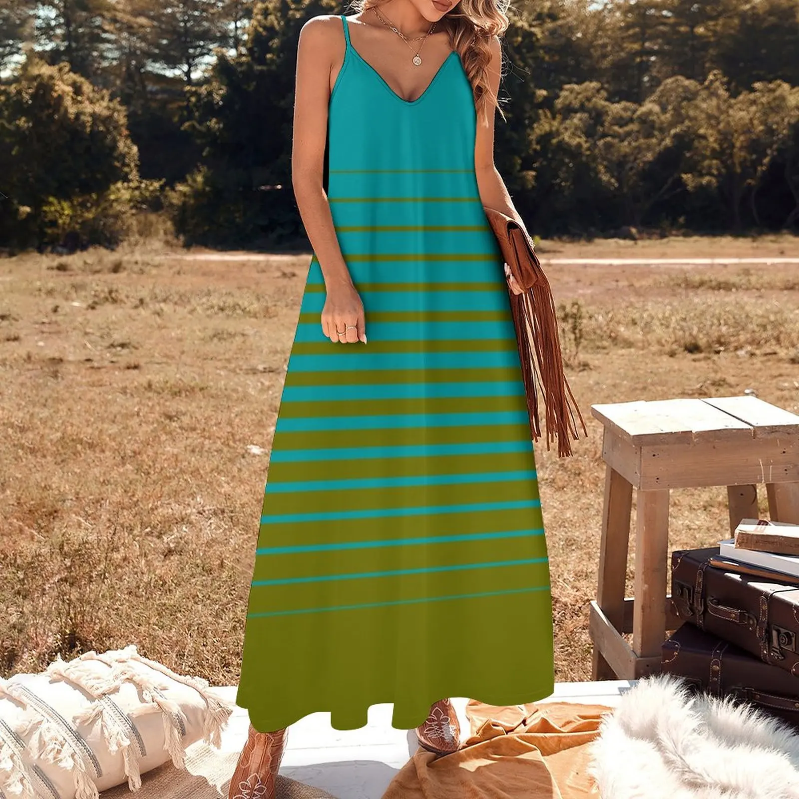 gradient stripes pattern (mix & match aqua / olive) Sleeveless Dress women's summer jumpsuit dresses for woman