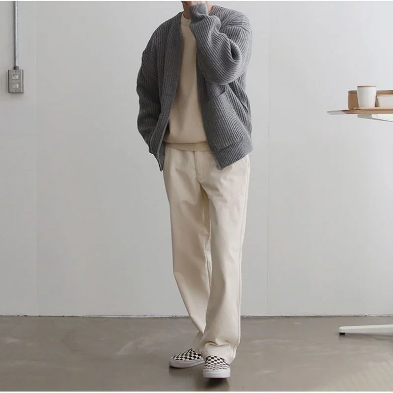 Knitted Cardigan Jacket New Style Spring and Autumn Men's Knitted Sweater Loose Solid Color Handsome Cardigan Sweater