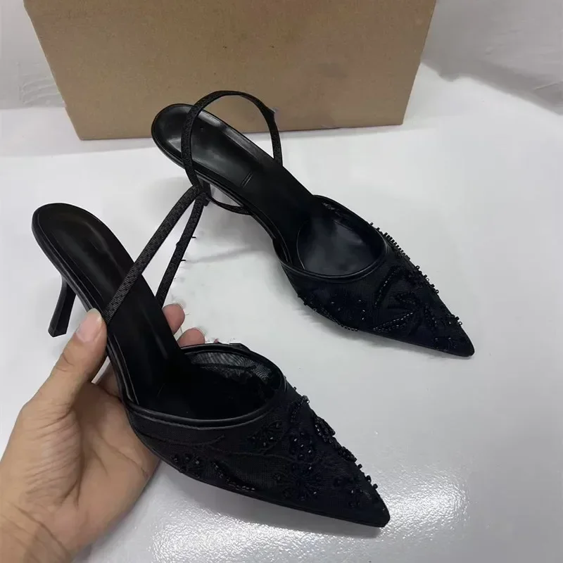 2025 New Black Woman Embroidered Mesh Open Heel Shoes Fashion Print Stiletto Women High-heel Pumps Sexy Pointed End Sandals image 4
