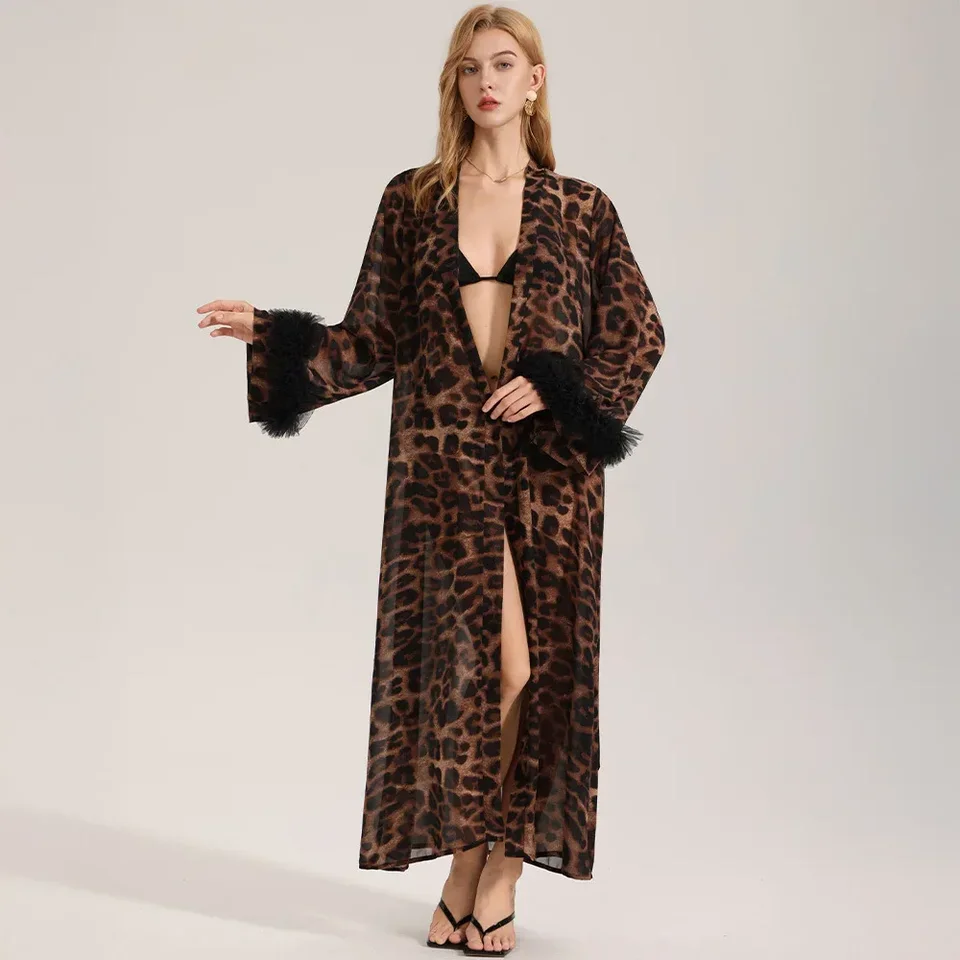 New Sexy Thin Cardigan Sleepwear for Women Summer Autumn Long Sleeved Leopard Print Morning Gown Pearl Gauze Home Wear Nightgown