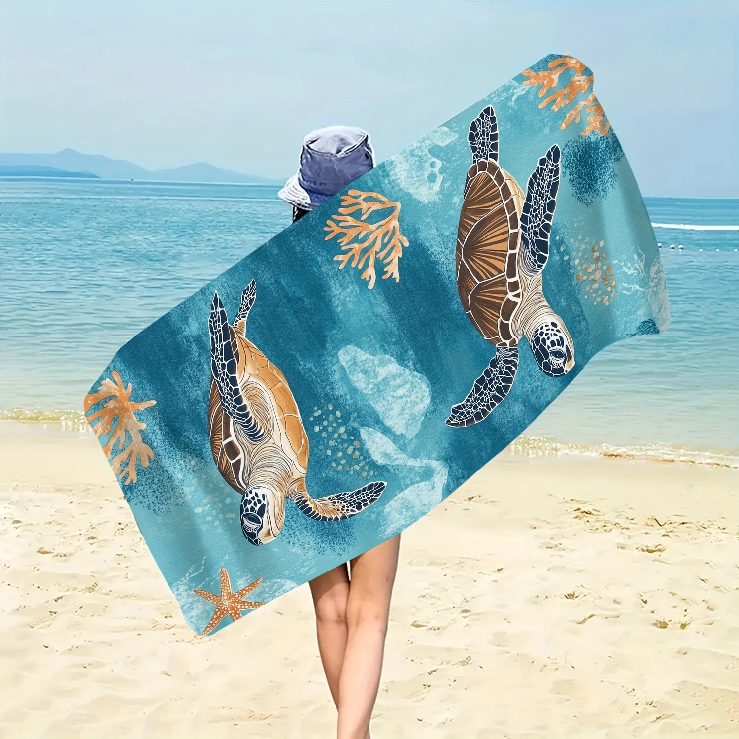 Sea Turtle Beach Towel, Starfish Coral Print, Quick Dry Microfiber, Oversized for Beach Pool, Gift for Ocean Lovers