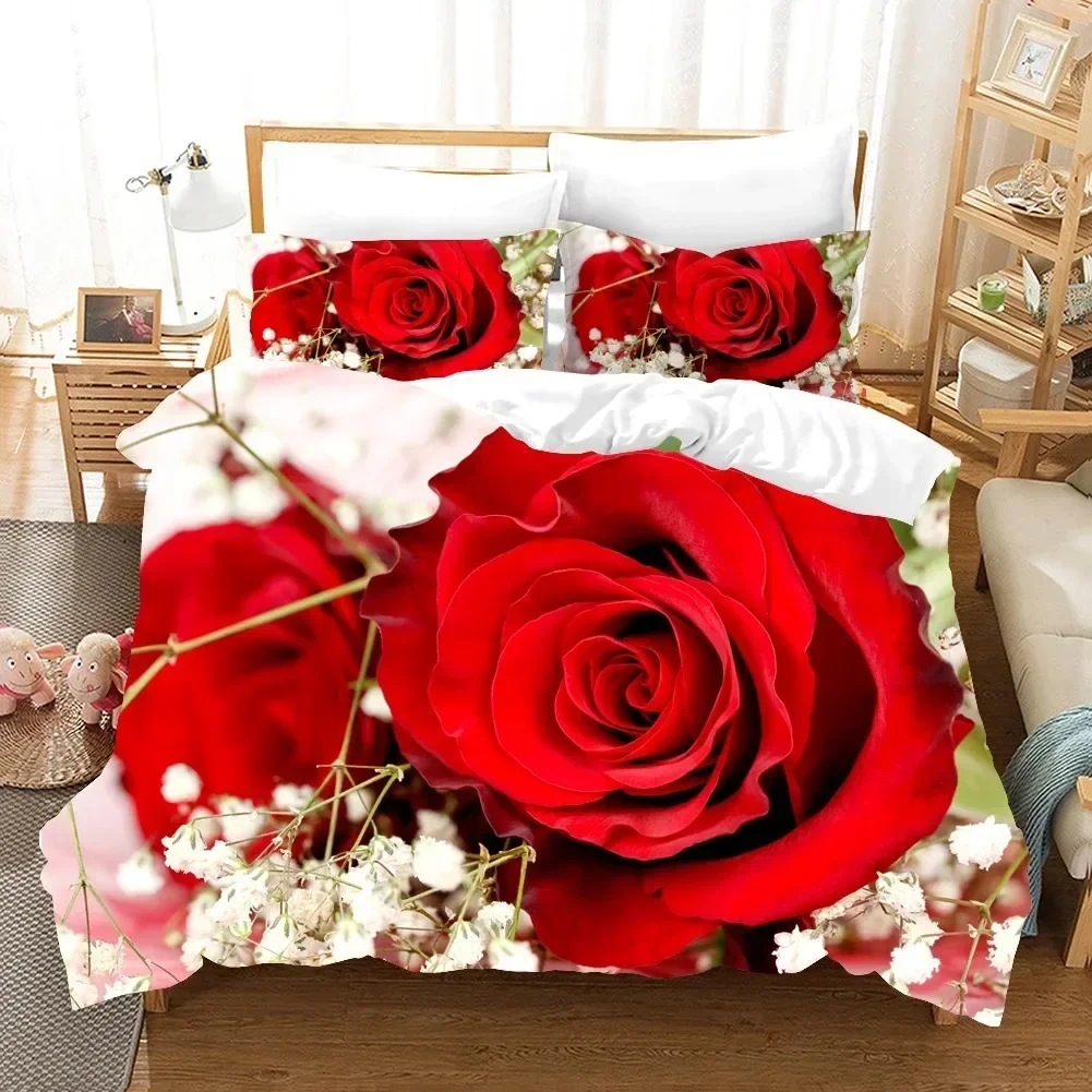 Red Rose Bedding Set Flowers Comfortable Duvet Quilt Cover Pillowcase Bedding Set Children Bedroom Decoration Home Textile