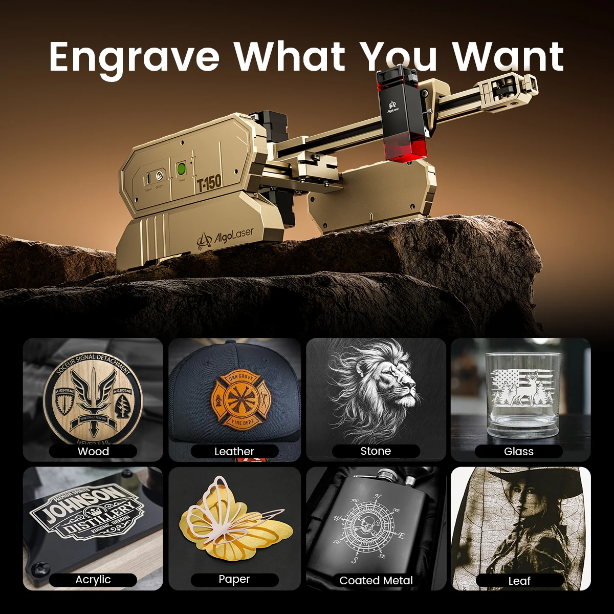 Máquina grabadora láser portátil Algolaser T150, máquina de grabado con corte láser DIY, grabado de logotipo, madera pintada, vidrio acrílico, cuero