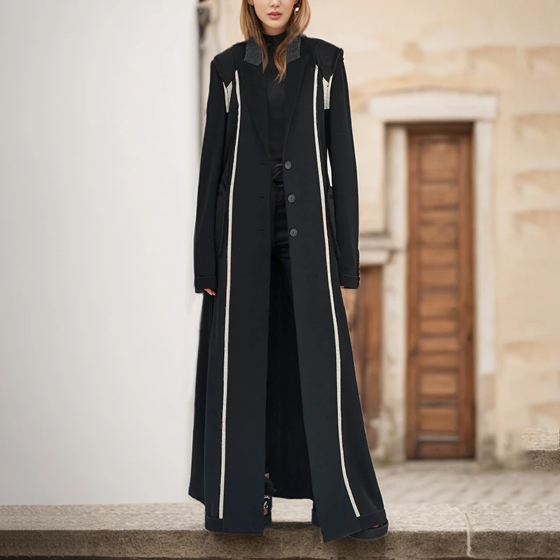 

French Color Contrast Design Sense Long Coat Women's Spring And Autumn New Fashionable Elegant Long Black V-Neck Coat