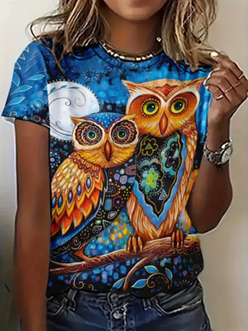 Women's T Shirts Animals Cute 3d Owl Graphic Printed Tees Fashion Short Sleeve Tops Streetwear Oversized Female Clothing Summer