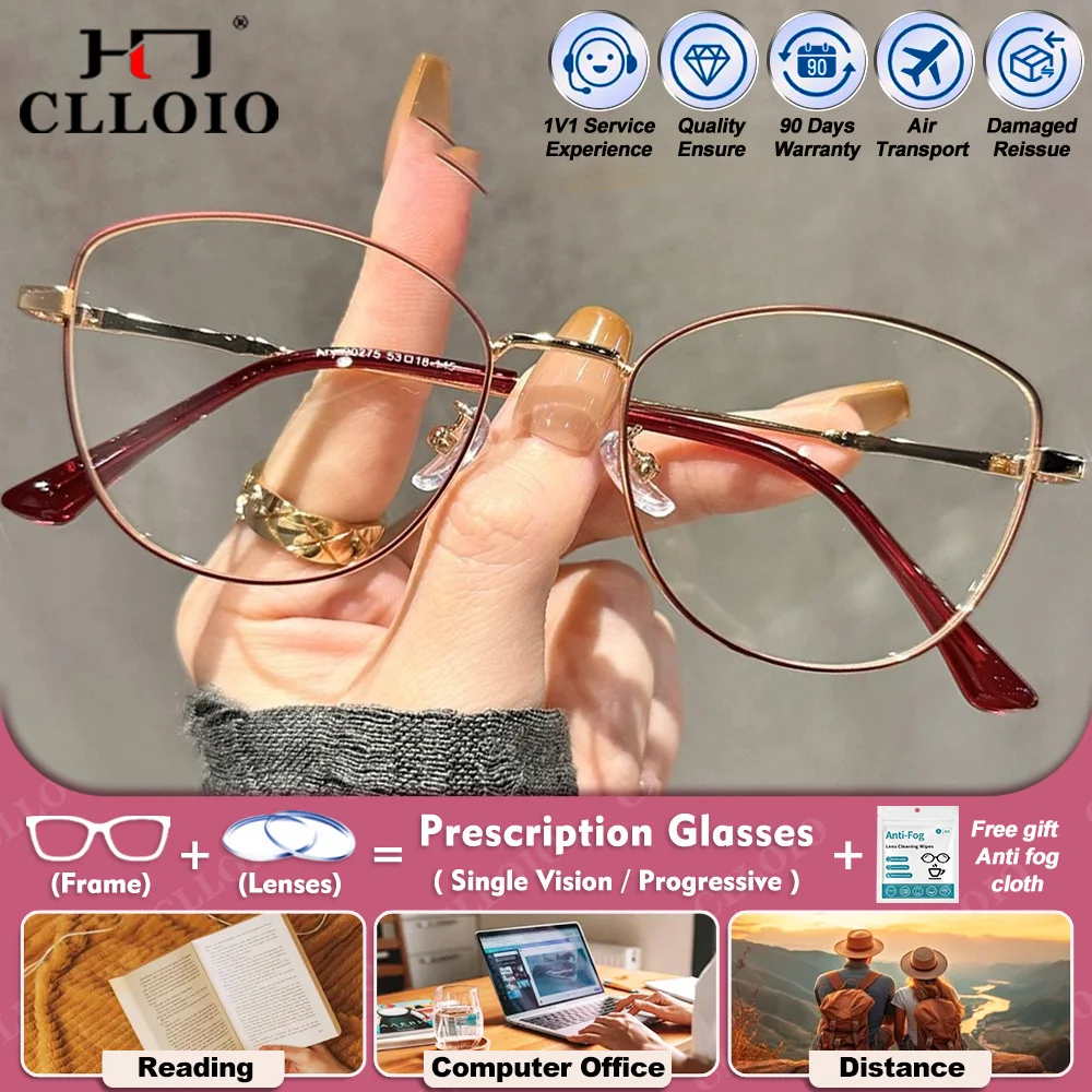

CLLOIO Trendy Butterfly Frame Metal Myopia Prescription Glasses Women Luxury Anti Blue Ray Glasses Progressive Reading Eyeware