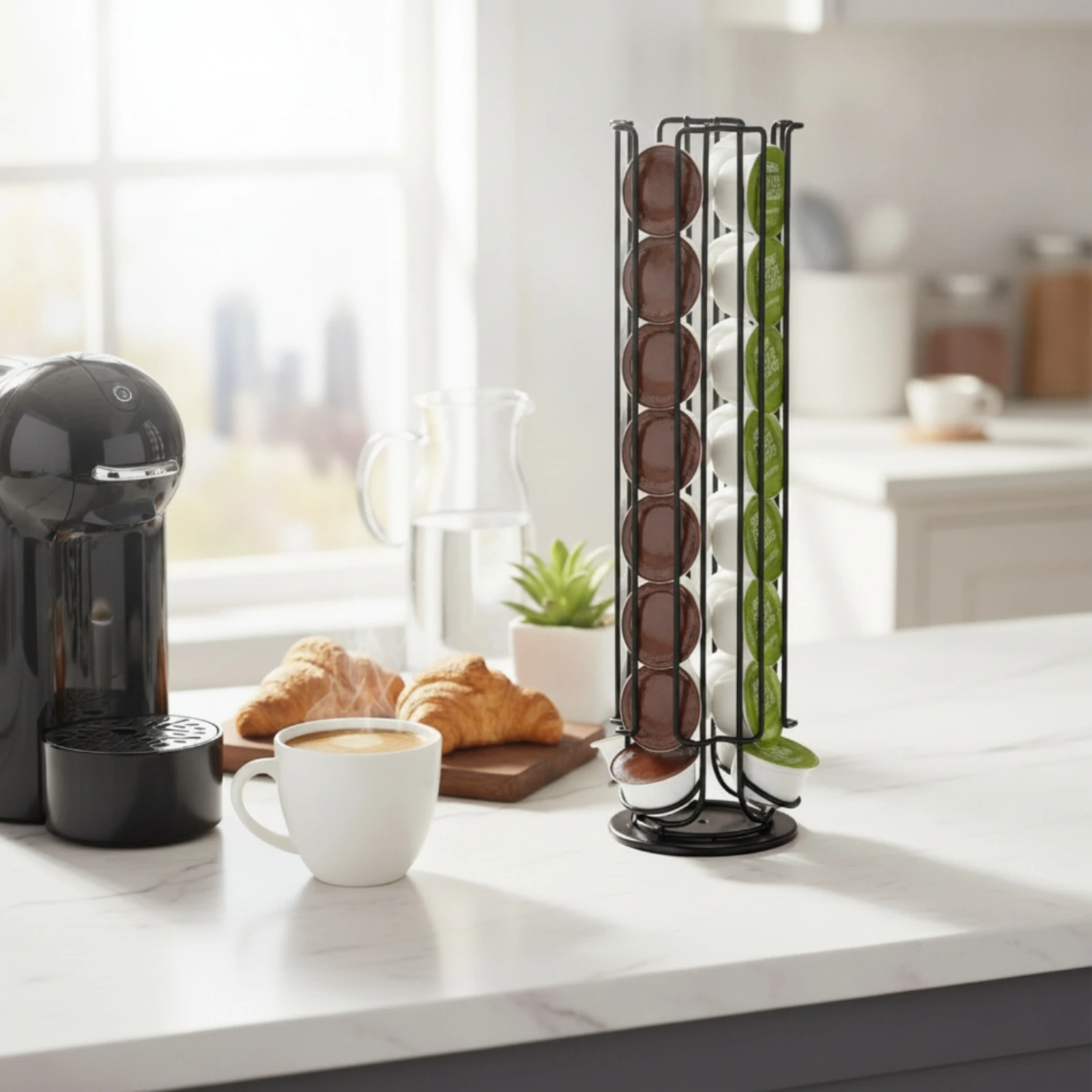 Support pour capsules Dolce Gusto, facile d'accès, capacité de 32 capsules, base rotative, rangement de cuisine, finition argentée, pour le bureau